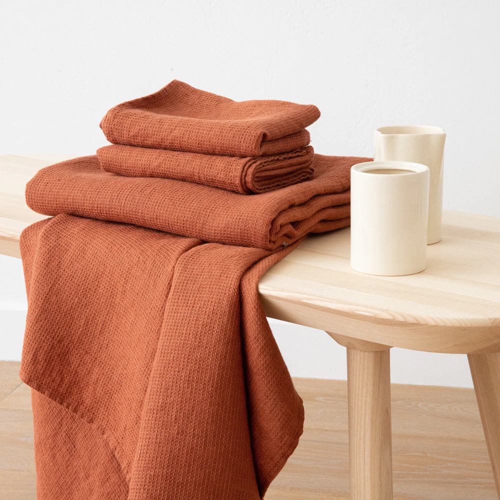 Linen Waffle Towels Brick, Rust: Towel Set, Bath Towel, body linen towels, linen hand towels, linen wash cloth