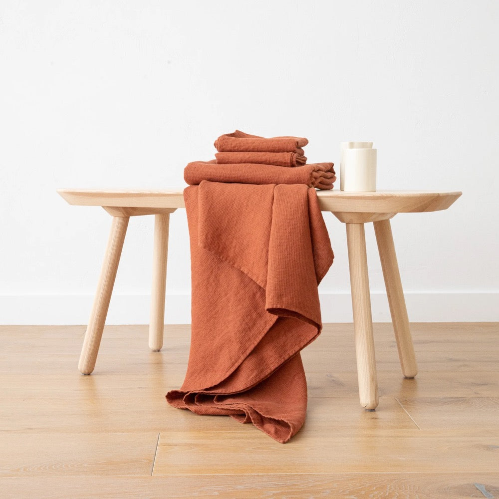 Linen Waffle Towels Brick, Rust: Towel Set, Bath Towel, body linen towels, linen hand towels, linen wash cloth